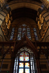 Stained glass in church, high celling