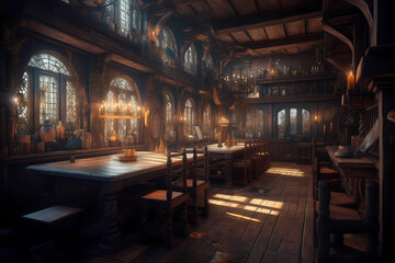 Fototapeta na wymiar Concept Art Illustration of Fantasy Medieval Tavern - generative ai