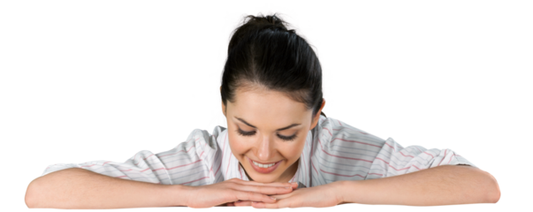 Woman with folded arms looking down on a blank surface