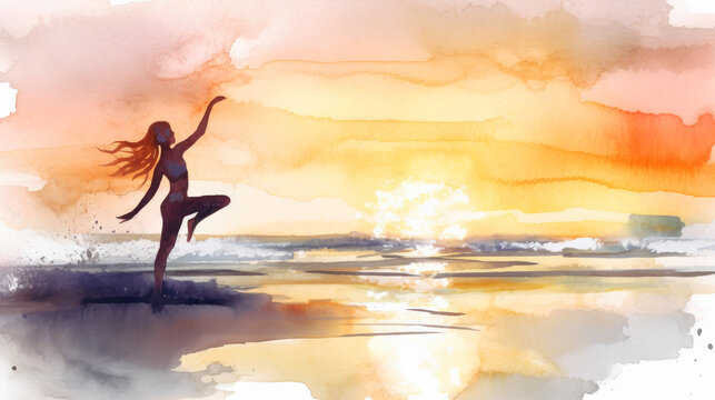 Woman practicing yoga on the beach at sunset. watercolor style. generative ai.