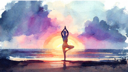 Woman practicing yoga on the beach at sunset. watercolor style. generative ai. - obrazy, fototapety, plakaty