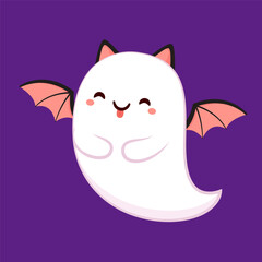 Cute ghost emotional expression. Halloween phantom ghost with different character. Ghost isolated on purple background. Bat.