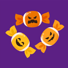 Set of candy in different wrappers in halloween style. Trick or Treat, Halloween holiday. Cartoon vector illustration. Pumpkin face on Candy.