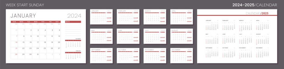 2024-2025 Calendar Planner Template. Vector layout of a wall or desk simple calendar with week start sunday. Set of monthly and annual page calendar. Minimalist corporate calendar design for print.
