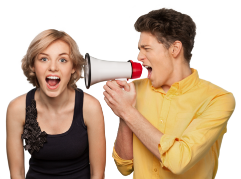 Angry young couple with megaphone isolated on white background