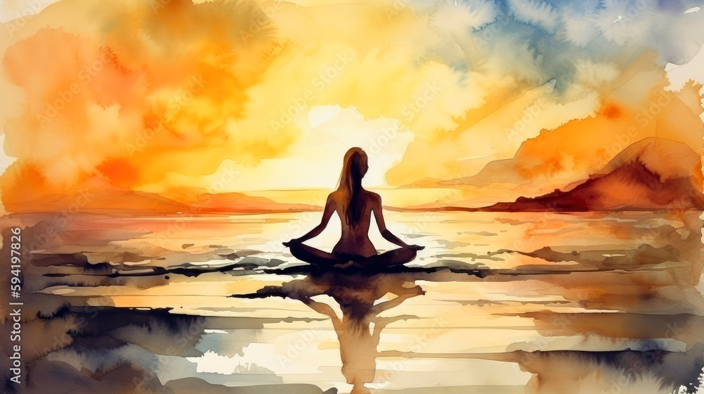 Sticker Woman practicing yoga on the beach at sunset. watercolor style. generative ai.