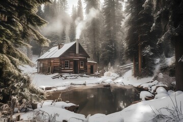 Wooden cottage in a winter forest Generative AI Photography