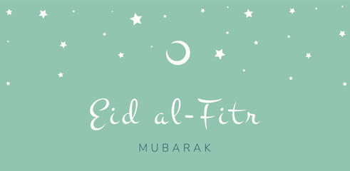 Eid Mubarak. Islamic greeting card with moon and stars on Eid al Fitr. Vector holiday illustration in green colors for greeting card, poster and banner.