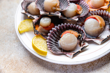 scallop in shell seafood meal snack on the table copy space food background rustic top view 