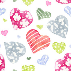 Multicolored Ornamented Hearts Watercolor Seamless Pattern. To use for wallpaper, banner, textile, postcard or wrapping paper