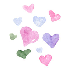 Fototapeta premium Hearts Watercolor Set. Various green, pink, blue and violet hearts in wet in wet technique. To use for wallpaper, banner, textile, postcard or wrapping paper