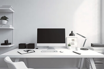 workspace with mock up computer and office supplies gadget. Blank screen and copy space	