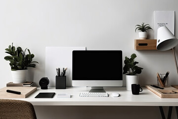 workspace with mock up computer and office supplies gadget. Blank screen and copy space	