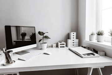 workspace with mock up computer and office supplies gadget. Blank screen and copy space	