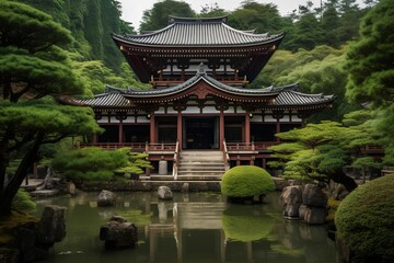 Fototapeta premium Journey to Inner Peace: Zen Garden with Asian Temple Generative AI Photography