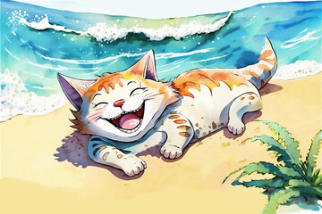 Happy cat at beach. Summer relax concept. Watercolor illustration. Generated AI.