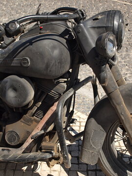 Detail shot of an old Harley Davidson custom bike