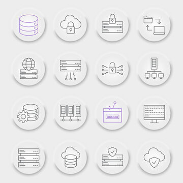 Database line icon set, cloud computing collection, vector graphics, neumorphic UI UX buttons, big data vector icons, database signs, outline pictograms, editable stroke