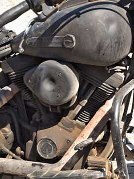 Detail shot of an old Harley Davidson custom bike