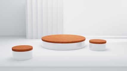 Luxury background for advertising product presentation or display. branding product display. Modern three wood cylinder pedestal podium with geometric background. Studio room 3d rendering illustration