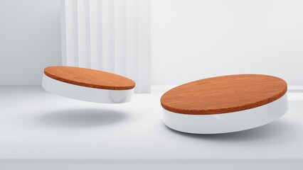 Luxury background for advertising product presentation or display. branding product display. Modern wood cylinder pedestal podium with geometric background. Studio room 3d rendering illustration