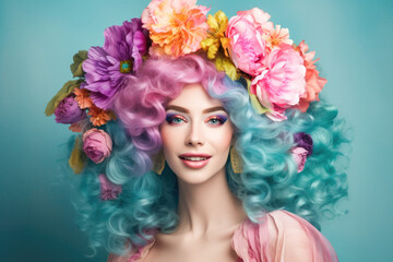 Smiling girl with baroque wig with flowers. Generative AI. 