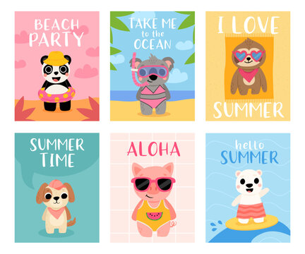 Hello summer cards with cartoon animals on beach vacation. Cute bear. Smiling, sunbathing and surfing, fun poster vector set. Funny characters on vacation having rest