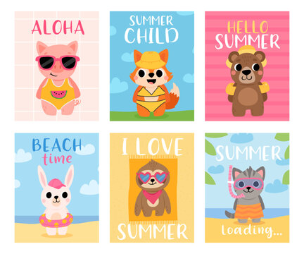 Hello summer cards with cartoon animals on beach vacation. Cute bear. Smiling, sunbathing and surfing, fun poster vector set. Funny characters on vacation having rest