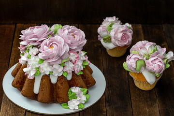 easter cake on a wooden table, close-up, rustic