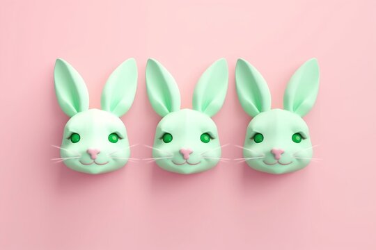 Cute adorable Easter bunny faces pattern in holiday illustration, four funny rabbit characters heads with ears on light pink green pastel 3d background. Happy Easter concept. AI. Generative AI