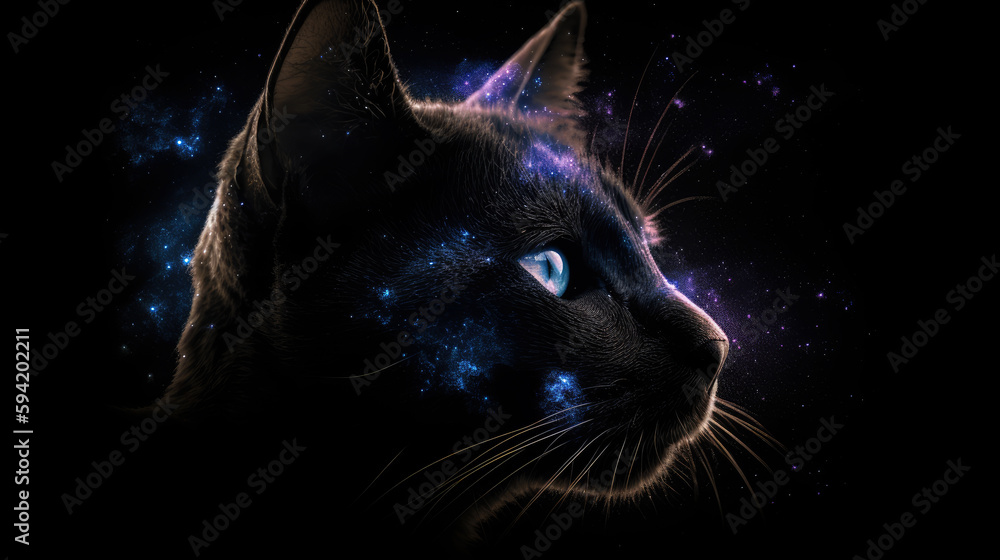 Poster cat in cosmic space. gnerative ai.