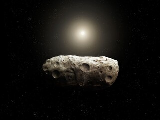 Space rock near the orbit of our planet. An asteroid in the inner solar system. Huge meteorite on a dark background. © Nazarii