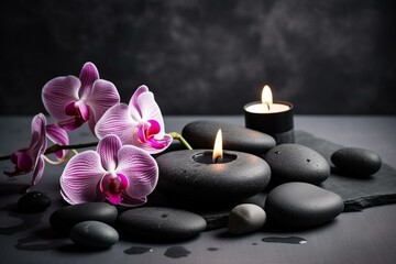 Fototapeta na wymiar Spa background with pink orchid , candle and zen black stones on gray. Generative AI