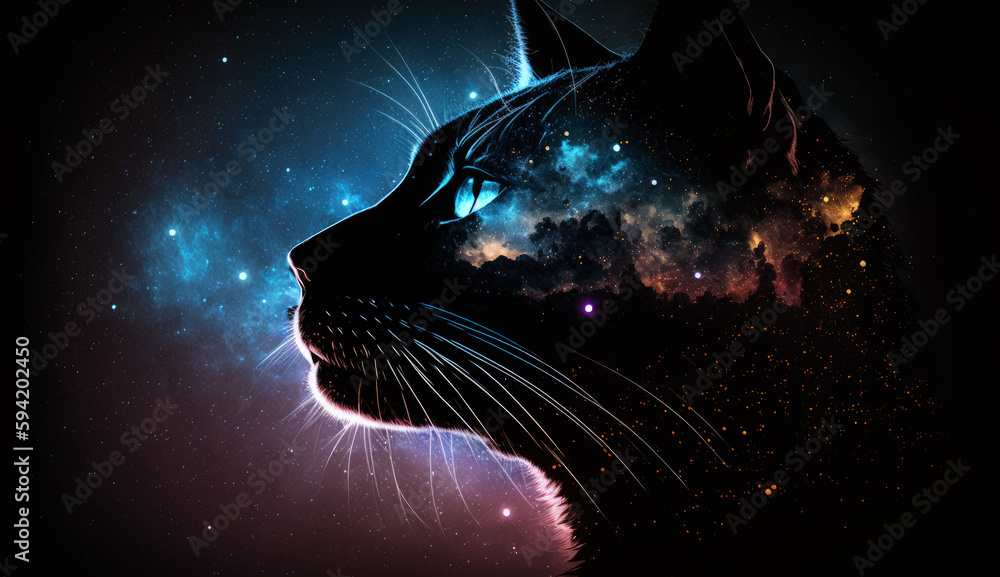 Poster cat in cosmic space. gnerative ai.