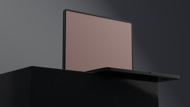 Close up of empty white laptop display on marble podium. Tech presentation and device concept. Mock up, 3D Rendering.