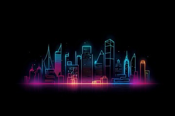 Obraz premium Futuristic city skyline at night, showcasing panorama of interconnected skyscrapers with neon accents. Innovative engineering, intelligent infrastructure, and cyberspace connections. Generative AI