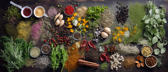 Herbs and spices for cooking with aesthetic arrangement, top view.