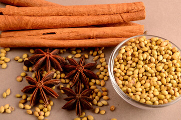 Cinnamon stick and star anise spice.