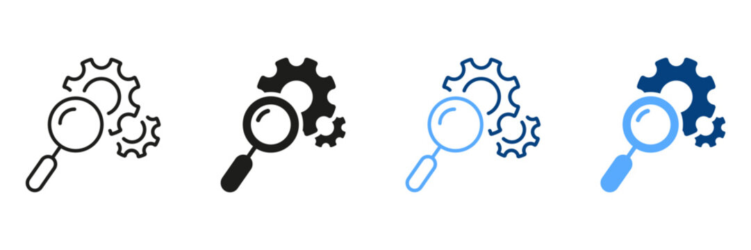 Search Service and Control Sign. Maintenance of Factory Mechanism Cogwheel Symbol Collection. Magnifying Glass with Gears Line and Silhouette Icon Set. Isolated Vector Illustration