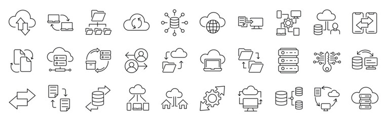 Set of 30 line icons related to data exchange, traffic, files, cloud, server. Outline icon collection. Editable stroke. Vector illustration