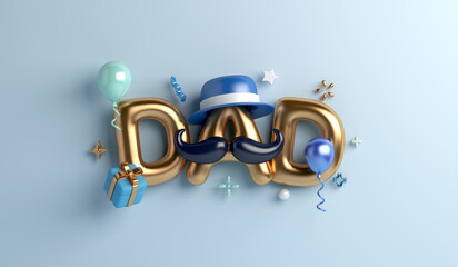 Happy Father’s Day decoration background with dad text balloon, hat, mustache, gift box, copy space text, 3d rendering illustration
