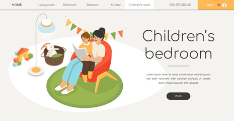 Obraz na płótnie Canvas Bedroom for mom and baby - modern isometric web banner