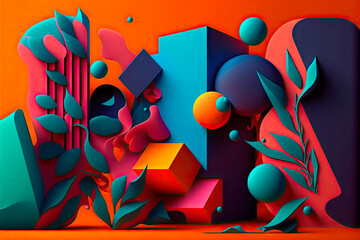 Generative AI illustration abstract background of colorful geometric figures with green leaves made of plasticine and levitating balls against orange background