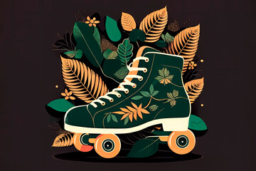 Generative AI of vintage roller skate and tropical Generative AI illustration of retro roller skate with printed leaves surrounded with tropical plants against black background