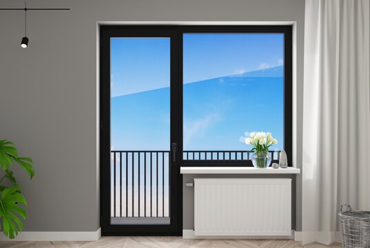 Black plastic balcony door with a window