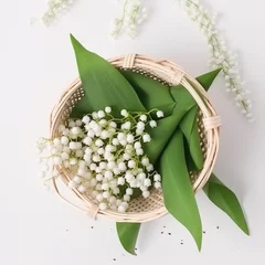 Rolgordijnen Lily of the valley bouquet on white background. Promotion and shopping template for Labor Day © Creatizen
