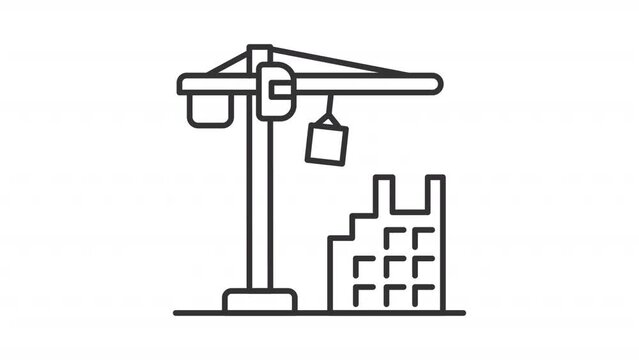 Building construction line animation. Tower crane working. Home loan. Real estate development. Seamless loop HD video with alpha channel on transparent background. Animated outline icon