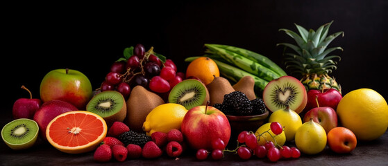 Fototapeta na wymiar Various types of fruits with aesthetic arrangement, top view.