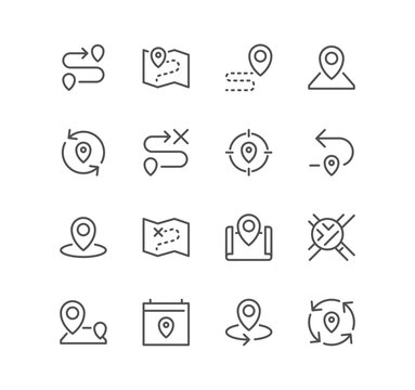 Set of route related icons, pin, route map, navigator, direction and linear variety vectors.
