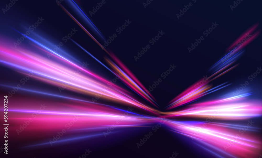 Poster acceleration speed motion on night road. panoramic high speed technology concept, light abstract bac
